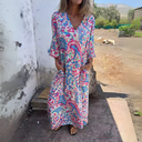 Women's Leopard Print Maxi – V Neck 3/4 Sleeve Pocket Casual Everyday Dress