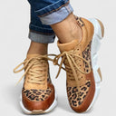 Women's Leopard Print Paneled Low Top Sneakers – Lace Up Casual Chunky Trainer