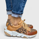 Women's Leopard Print Paneled Low Top Sneakers – Lace Up Casual Chunky Trainer