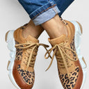 Women's Leopard Print Paneled Low Top Sneakers – Lace Up Casual Chunky Trainer