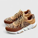 Women's Leopard Print Paneled Low Top Sneakers – Lace Up Casual Chunky Trainer
