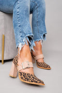 Women's Leopard Print Slingback Heels – Pointed Toe Wide Buckle Strap Block Heel