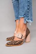 Women's Leopard Print Slingback Heels – Pointed Toe Wide Buckle Strap Block Heel