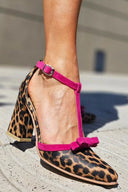 Women's Leopard Print T-Strap Heels – Pointed Toe Bow Accent Chunky Block Heel