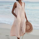 Women's Linen Button Up Midi Dress – V Neck Sleeveless Tiered Beach Summer Dress