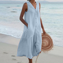 Women's Linen Button Up Midi Dress – V Neck Sleeveless Tiered Beach Summer Dress