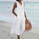 Women's Linen Button Up Midi Dress – V Neck Sleeveless Tiered Beach Summer Dress
