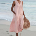 Women's Linen Button Up Midi Dress – V Neck Sleeveless Tiered Beach Summer Dress