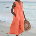 Women's Linen Button Up Midi Dress – V Neck Sleeveless Tiered Beach Summer Dress