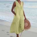 Women's Linen Button Up Midi Dress – V Neck Sleeveless Tiered Beach Summer Dress