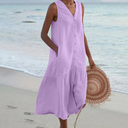 Women's Linen Button Up Midi Dress – V Neck Sleeveless Tiered Beach Summer Dress