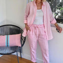 Women's Linen Lounge Set – Long Sleeve Button Down Shirt Drawstring Jogger Pants