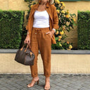 Women's Linen Lounge Set – Long Sleeve Button Down Shirt Drawstring Jogger Pants