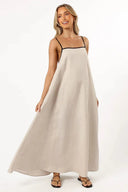 Women's Linen Maxi Dress – Square Neck Contrast Strap Open Back Trapeze Sundress