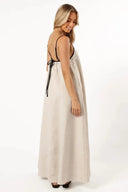 Women's Linen Maxi Dress – Square Neck Contrast Strap Open Back Trapeze Sundress