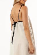 Women's Linen Maxi Dress – Square Neck Contrast Strap Open Back Trapeze Sundress