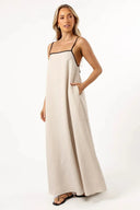 Women's Linen Maxi Dress – Square Neck Contrast Strap Open Back Trapeze Sundress
