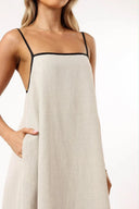 Women's Linen Maxi Dress – Square Neck Contrast Strap Open Back Trapeze Sundress