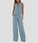 Women's Linen Vest and Wide Leg Pants Set – V Neck Button Front Two Piece
