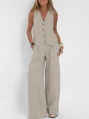 Women's Linen Vest and Wide Leg Pants Set – V Neck Button Front Two Piece
