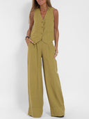 Women's Linen Vest and Wide Leg Pants Set – V Neck Button Front Two Piece