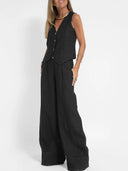 Women's Linen Vest and Wide Leg Pants Set – V Neck Button Front Two Piece