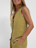 Women's Linen Vest and Wide Leg Pants Set – V Neck Button Front Two Piece