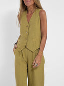 Women's Linen Vest and Wide Leg Pants Set – V Neck Button Front Two Piece