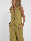 Women's Linen Vest and Wide Leg Pants Set – V Neck Button Front Two Piece
