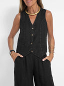 Women's Linen Vest and Wide Leg Pants Set – V Neck Button Front Two Piece
