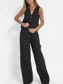 Women's Linen Vest and Wide Leg Pants Set – V Neck Button Front Two Piece