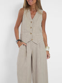 Women's Linen Vest and Wide Leg Pants Set – V Neck Button Front Two Piece