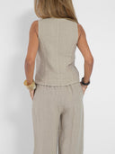 Women's Linen Vest and Wide Leg Pants Set – V Neck Button Front Two Piece