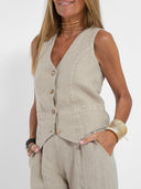 Women's Linen Vest and Wide Leg Pants Set – V Neck Button Front Two Piece