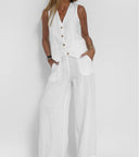 Women's Linen Vest and Wide Leg Pants Set – V Neck Button Front Two Piece