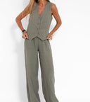Women's Linen Vest and Wide Leg Pants Set – V Neck Button Front Two Piece