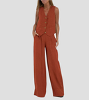 Women's Linen Vest and Wide Leg Pants Set – V Neck Button Front Two Piece