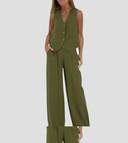 Women's Linen Vest and Wide Leg Pants Set – V Neck Button Front Two Piece