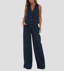 Women's Linen Vest and Wide Leg Pants Set – V Neck Button Front Two Piece