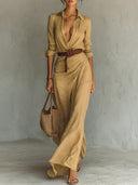 Women's Long Sleeve Wrap Maxi Dress – Shirt Collar Deep V Neck Belted Draped