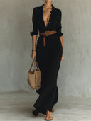 Women's Long Sleeve Wrap Maxi Dress – Shirt Collar Deep V Neck Belted Draped