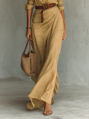 Women's Long Sleeve Wrap Maxi Dress – Shirt Collar Deep V Neck Belted Draped
