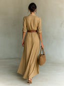 Women's Long Sleeve Wrap Maxi Dress – Shirt Collar Deep V Neck Belted Draped