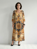 Women's Mandala Print Maxi – V Neck 3/4 Sleeve Placement Motif A-Line Casual Summer Dress