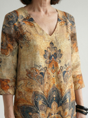 Women's Mandala Print Maxi – V Neck 3/4 Sleeve Placement Motif A-Line Casual Summer Dress