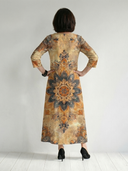 Women's Mandala Print Maxi – V Neck 3/4 Sleeve Placement Motif A-Line Casual Summer Dress