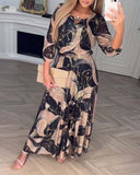 Women's Marble Print Maxi Dress – V Neck 3/4 Sleeve Belted A-Line Evening Dress