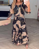 Women's Marble Print Maxi Dress – V Neck 3/4 Sleeve Belted A-Line Evening Dress