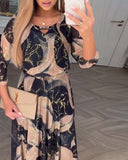 Women's Marble Print Maxi Dress – V Neck 3/4 Sleeve Belted A-Line Evening Dress