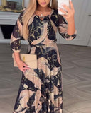 Women's Marble Print Maxi Dress – V Neck 3/4 Sleeve Belted A-Line Evening Dress